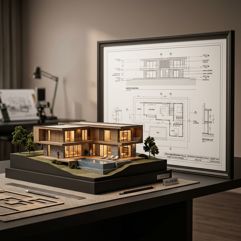 Modern luxury villa exterior 3D design and floor plans model blueprint