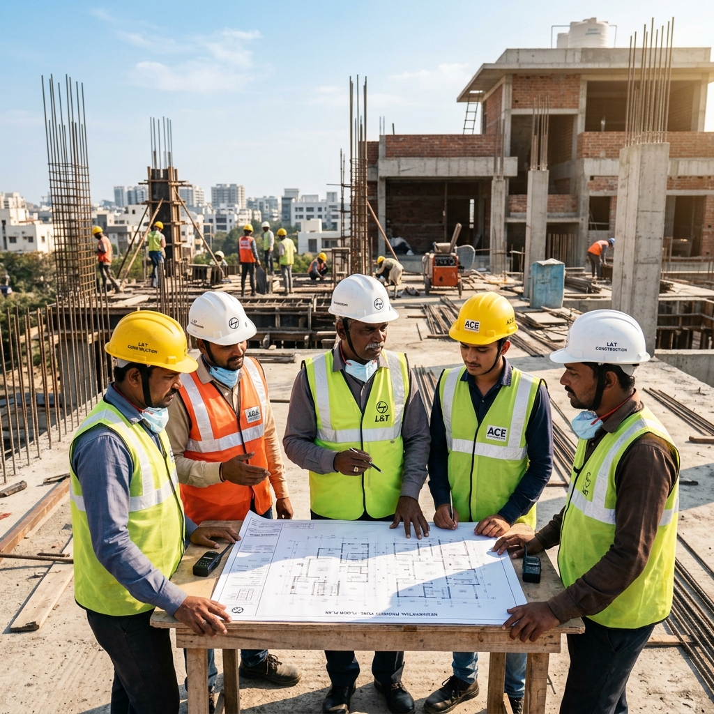 Professional civil contractors and engineers in hard hats looking at blueprint