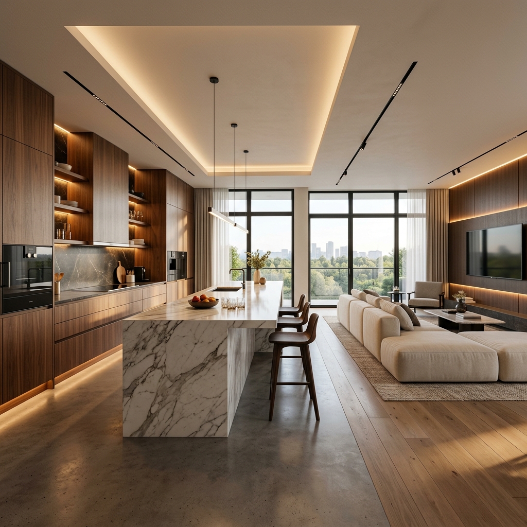 Ultra modern luxury modular kitchen and living room interior design
