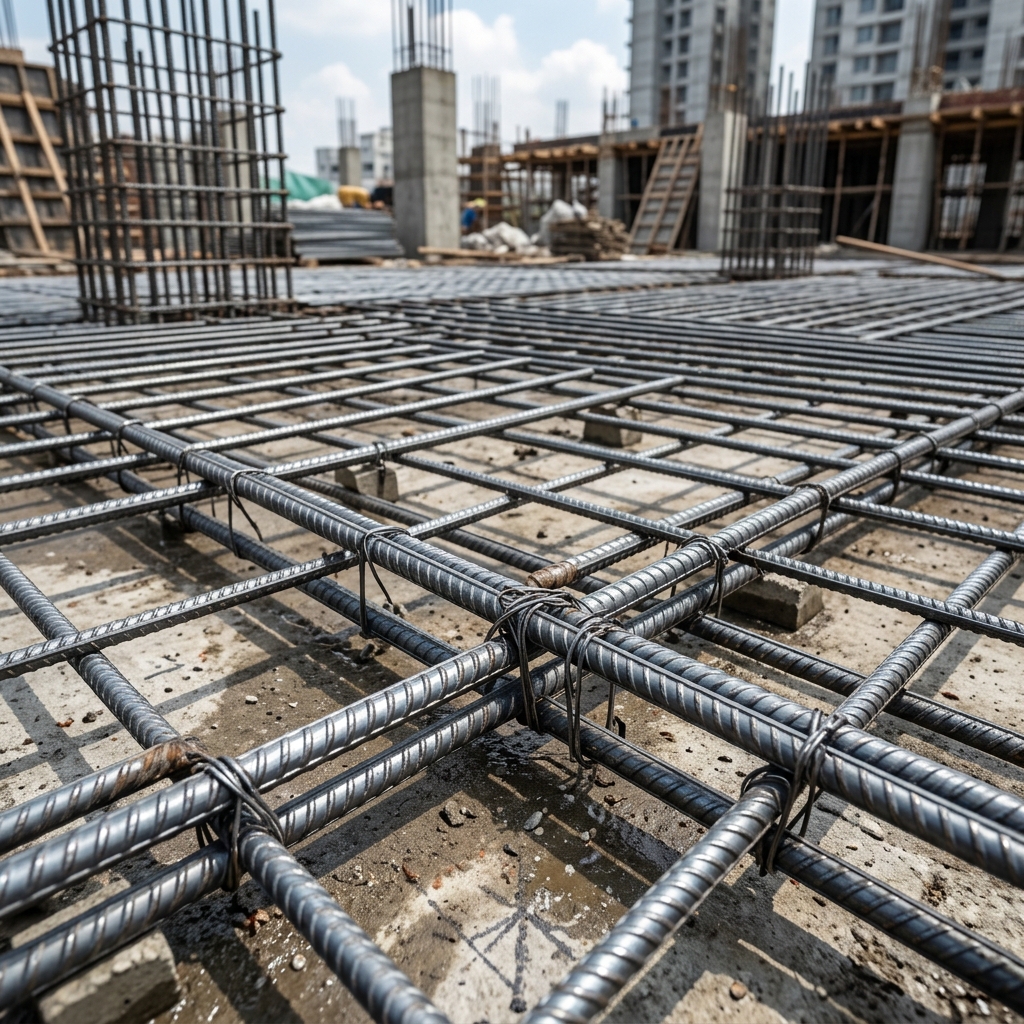 High-strength TMT steel sariya grid on slab construction